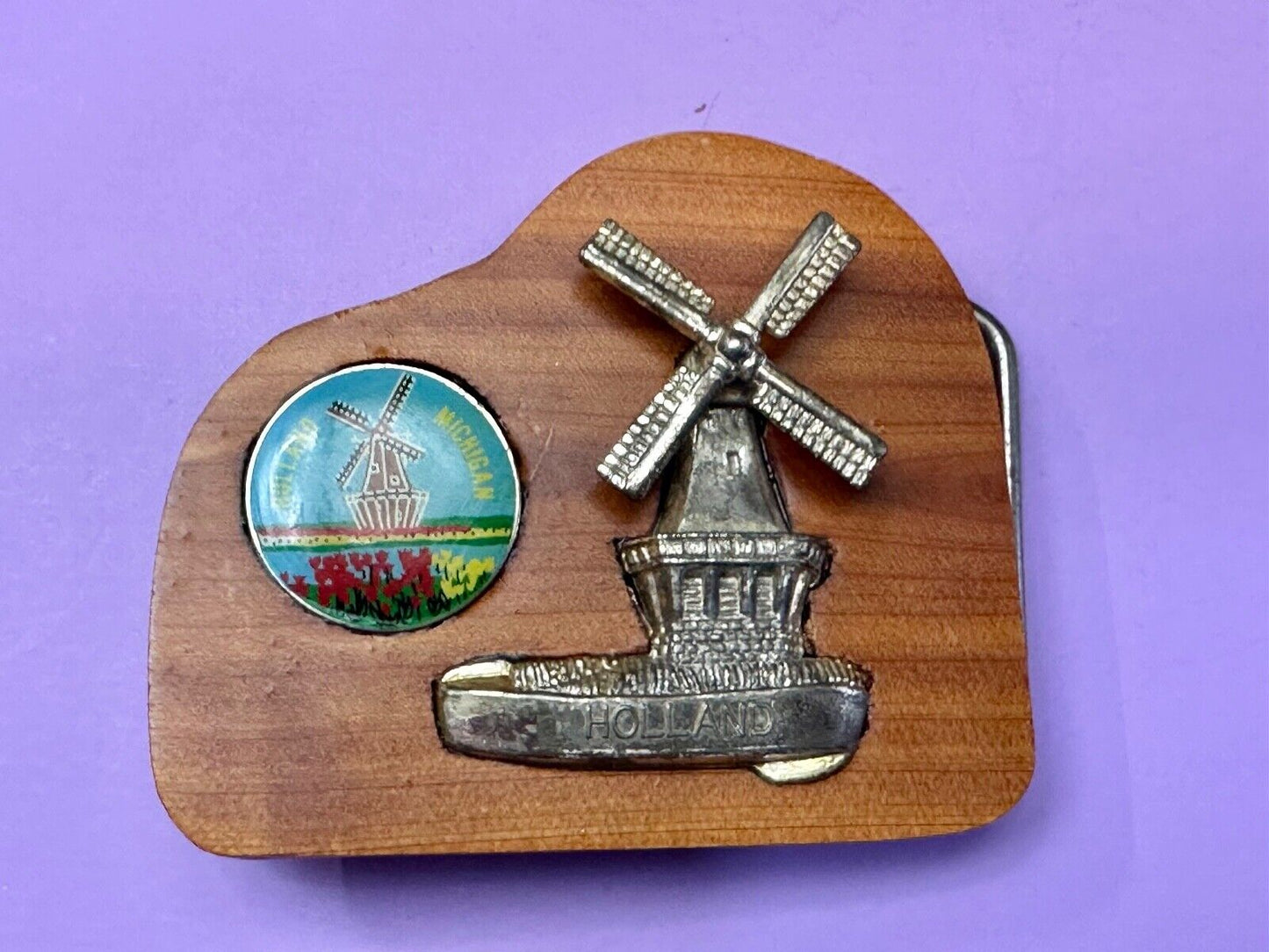 Vintage Artisan Inlaid Holland Michigan Pin and windmill Into wooden Belt Buckle