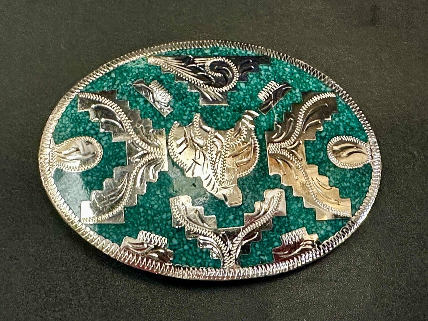 Beautiful Horse Saddle Alpaca Inlaid Southwestern Belt Buckle see magnified view