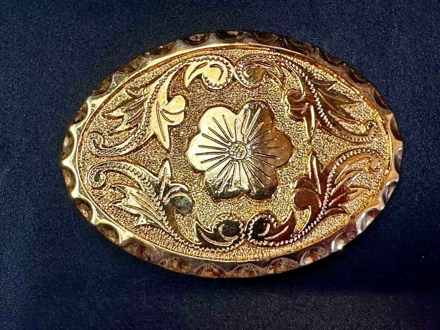 Vintage Etched Flower Floral Theme Western Oval Gold Tone Belt Buckle