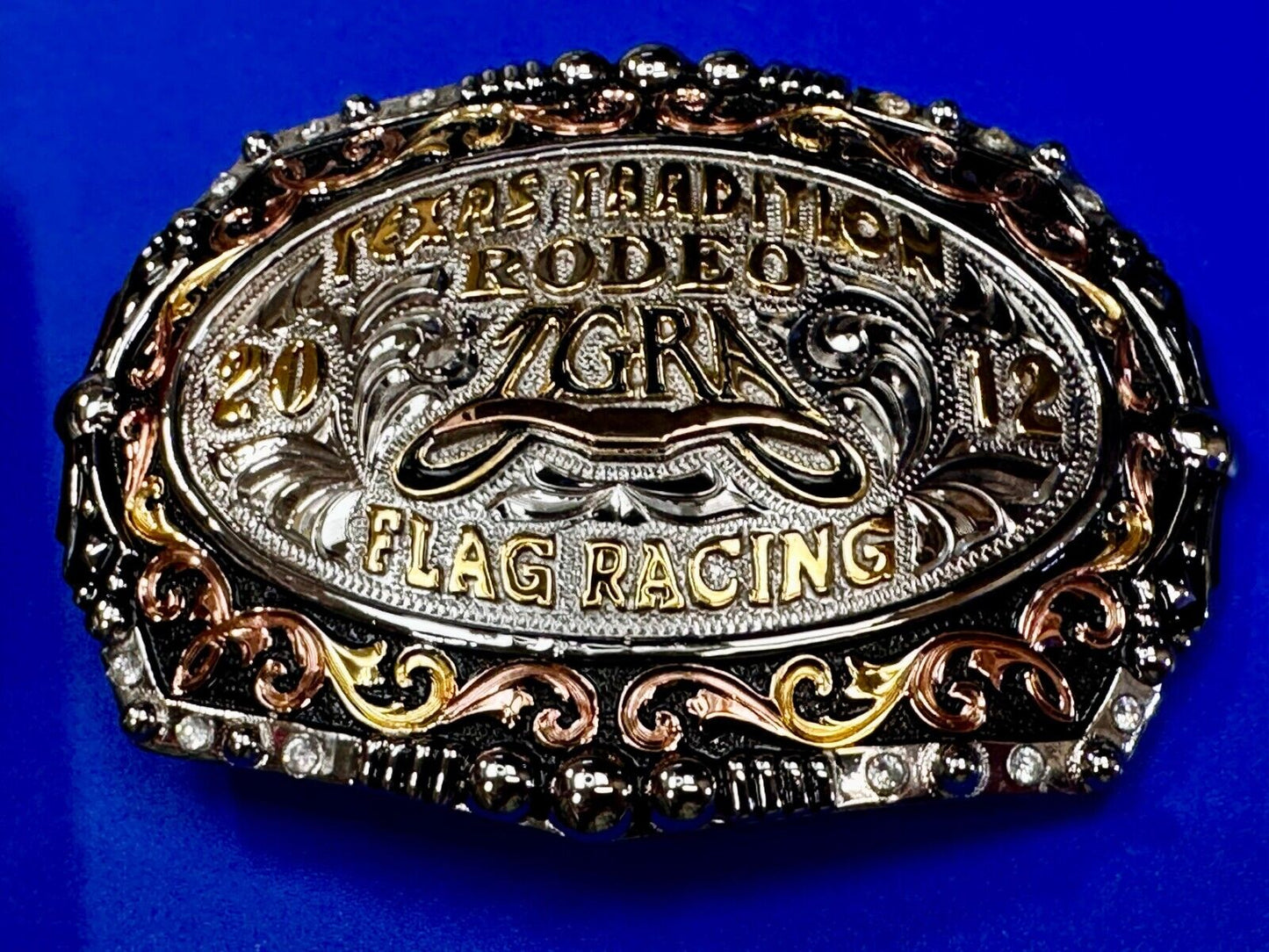 TGRA Texas Tradition Rodeo Flag Racing 2012 Trophy Award Belt Buckle Lone Star