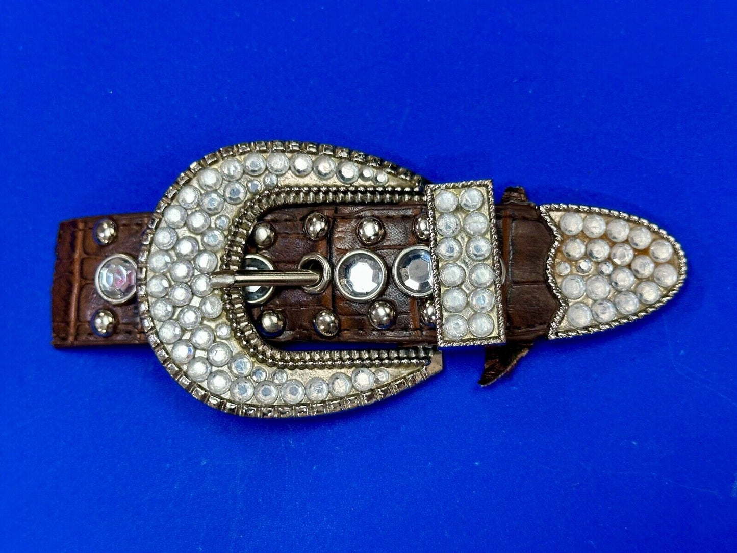 Three Piece western silver tone rhinestone ranger set belt buckle tip & keeper