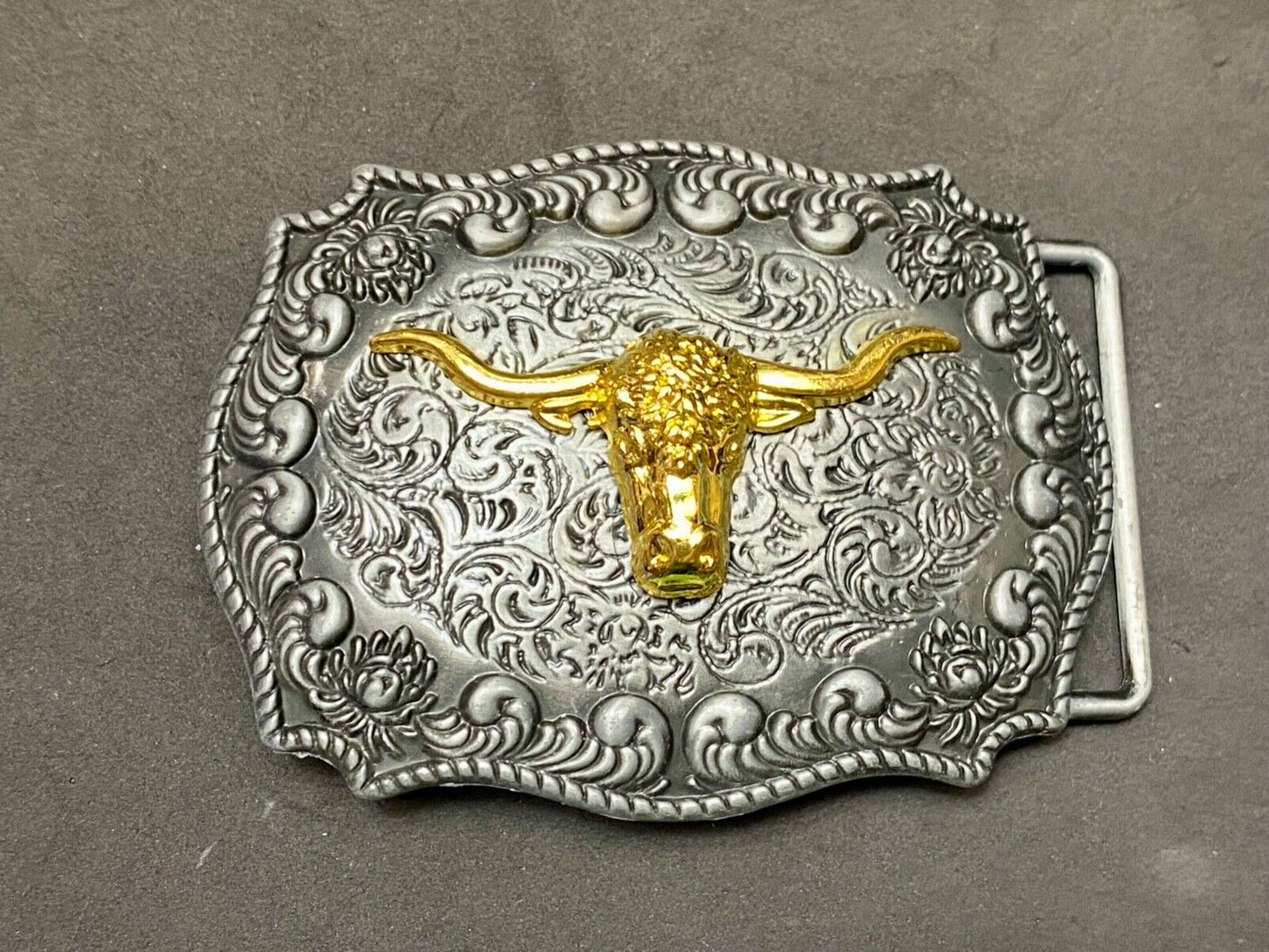 Texas longhorn western raised steer cow two tone 3.5" wide belt buckle