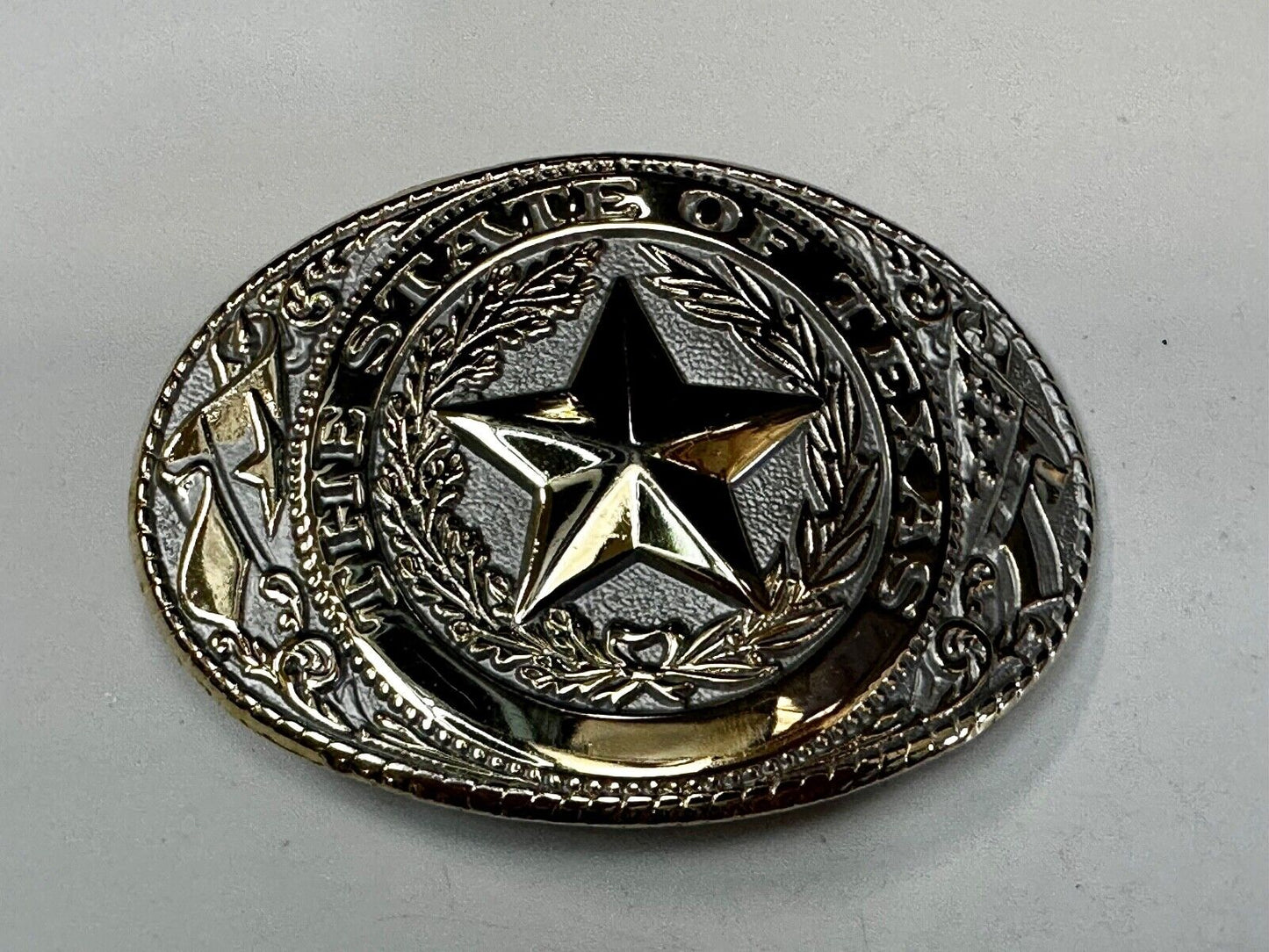 The Great State of Texas Star & Flag western Gold & White Color Belt Buckle