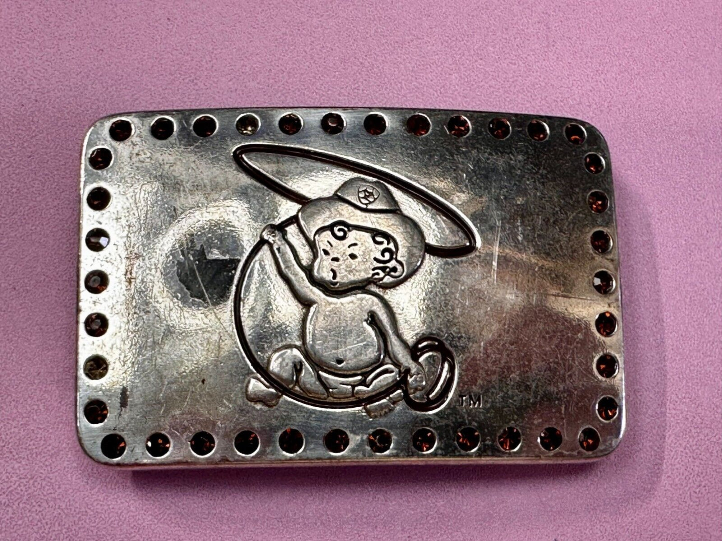 Baby Cowboy Roping Red Rhinestone Border Western Framed Ariat Belt Buckle