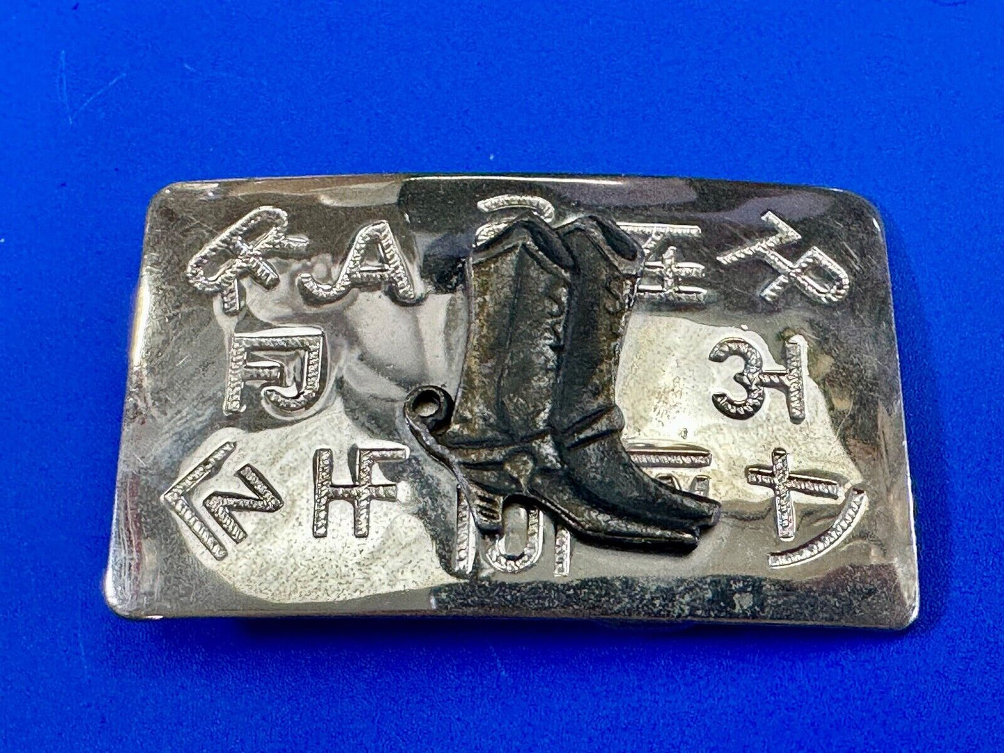 Vintage Chambers Western Cowboy Boots and cattle branding symbols belt buckle
