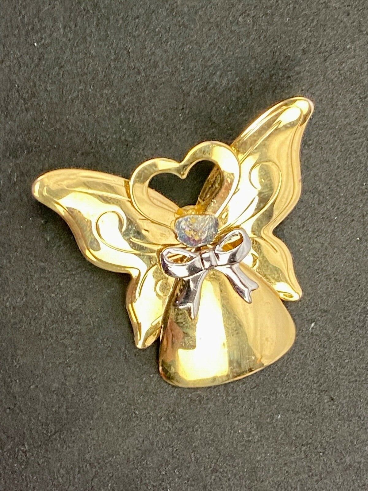 Vintage Angel Brooch Pin Gold Tone Rhinestone Heart Halo Butterfly Wings Jane
