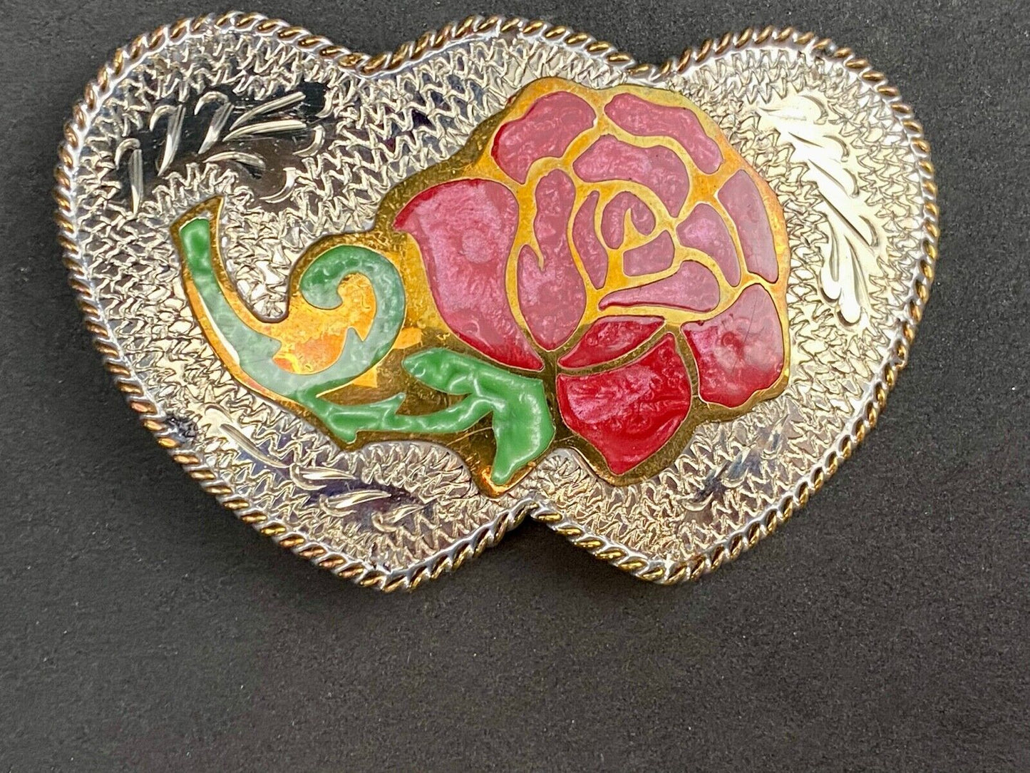 Beautiful J. TEDDER signed three HEART's and rose western belt buckle