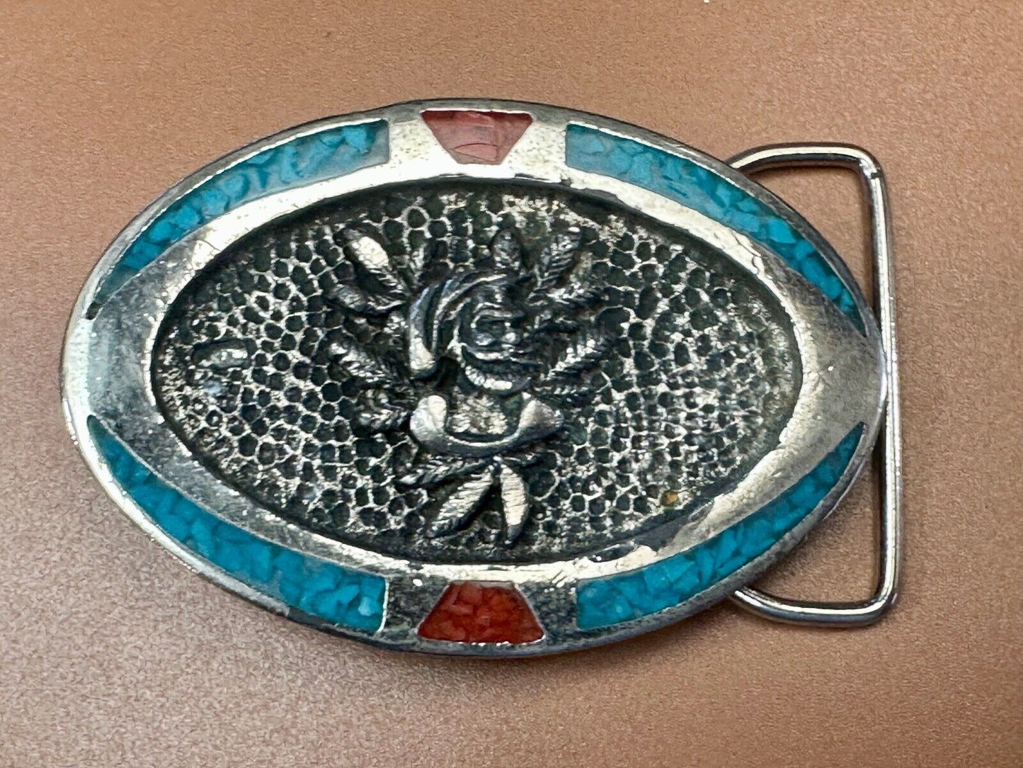 Beautiful ROSE flower Crushed Turquoise and Coral chip Boarder belt buckle by TT