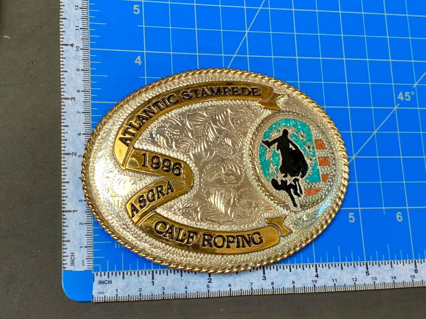 1996 ASGRA Calf Roping Atlantic Stampede turquoise coral belt buckle - JACKSON