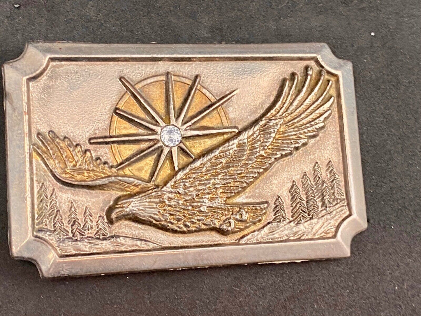 Vintage belt buckle silver and gold tone flying eagle Starburst! God Bless USA!