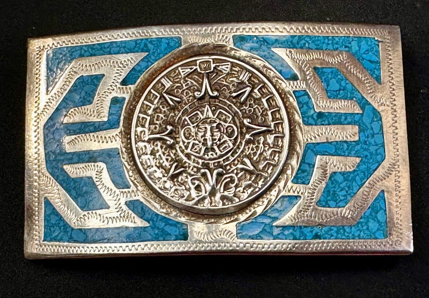 Aztec Mayan Calendar Sun Turquoise Inlay Southwestern Vintage Belt Buckle