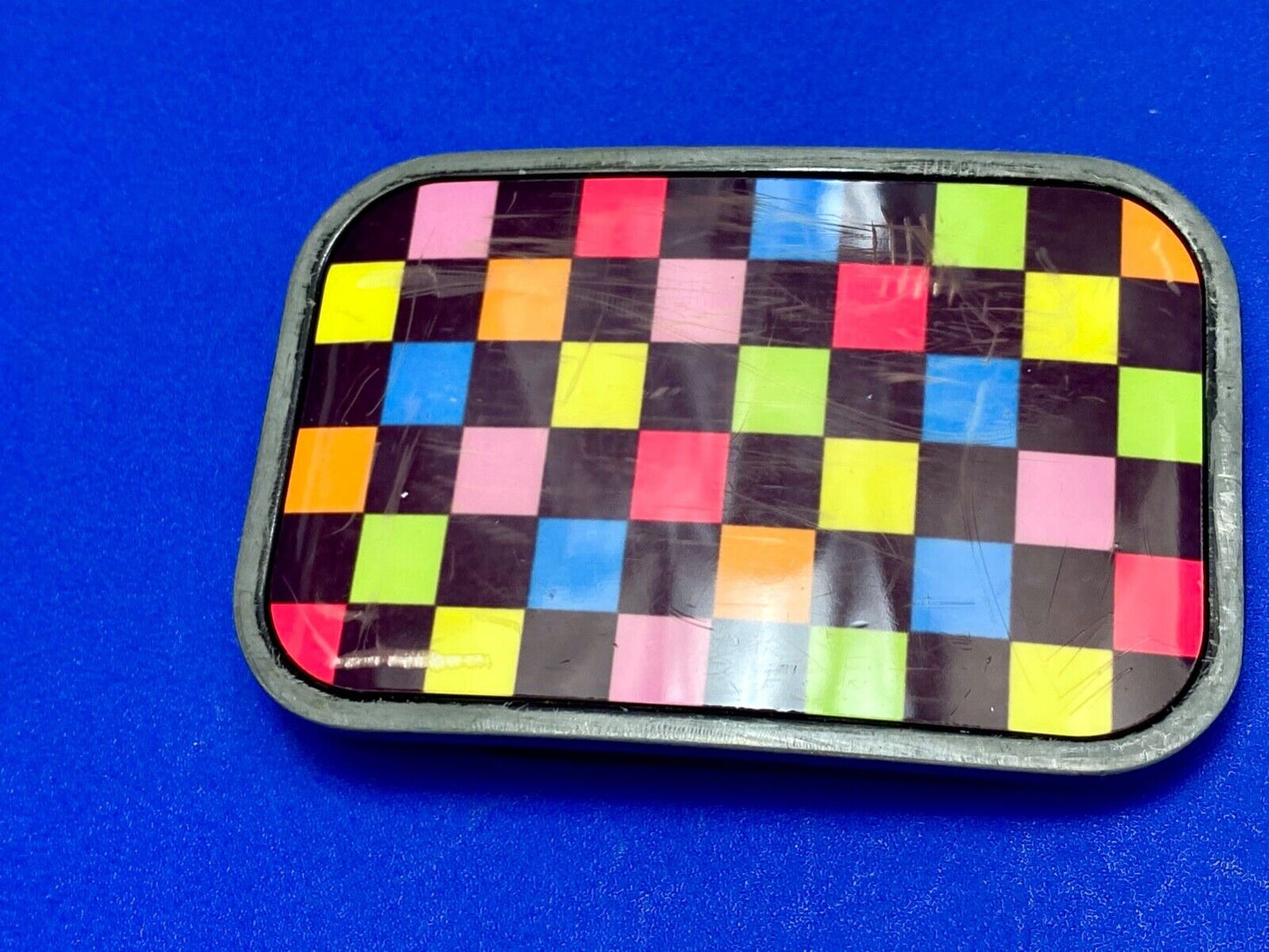 Vintage 80s Style Neon Checkerboard Pattern Black Yellow Pink Blue Belt Buckle