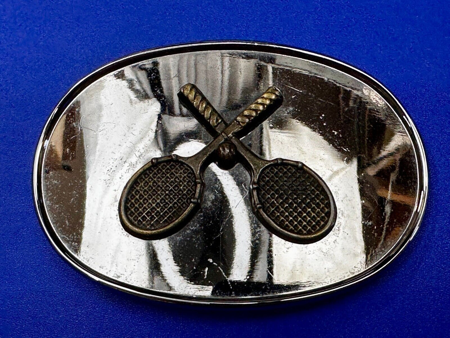 Tennis Racquet's Sports Fan's Vintage Two Tone Reflective Oval Belt Buckle