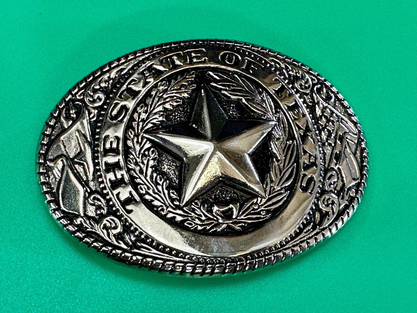 The Great State of Texas - Lone Star Flags seal silver tone NOS belt buckle