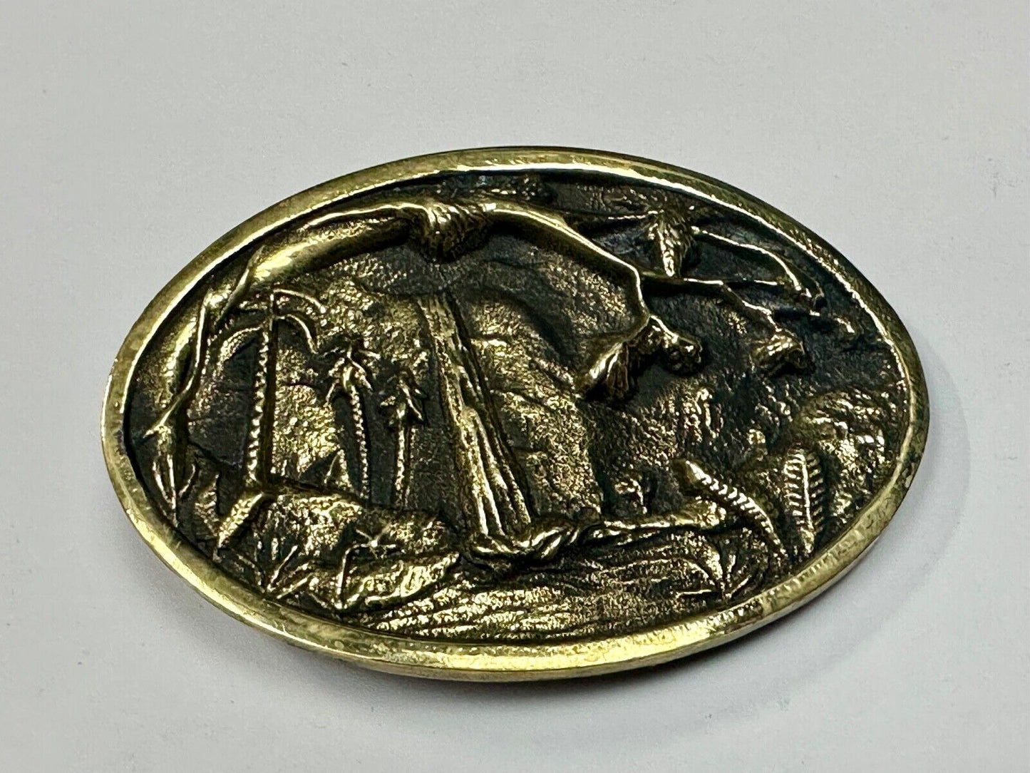 Beautiful water fall nature scene on Vintage BTS solid brass belt buckle
