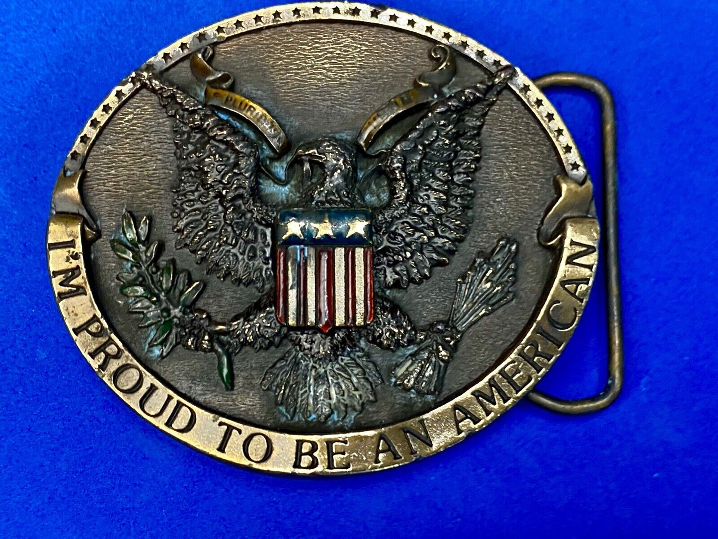 Vintage 1981 Im proud to be an American belt buckle by Bergamot Eagle and Crest