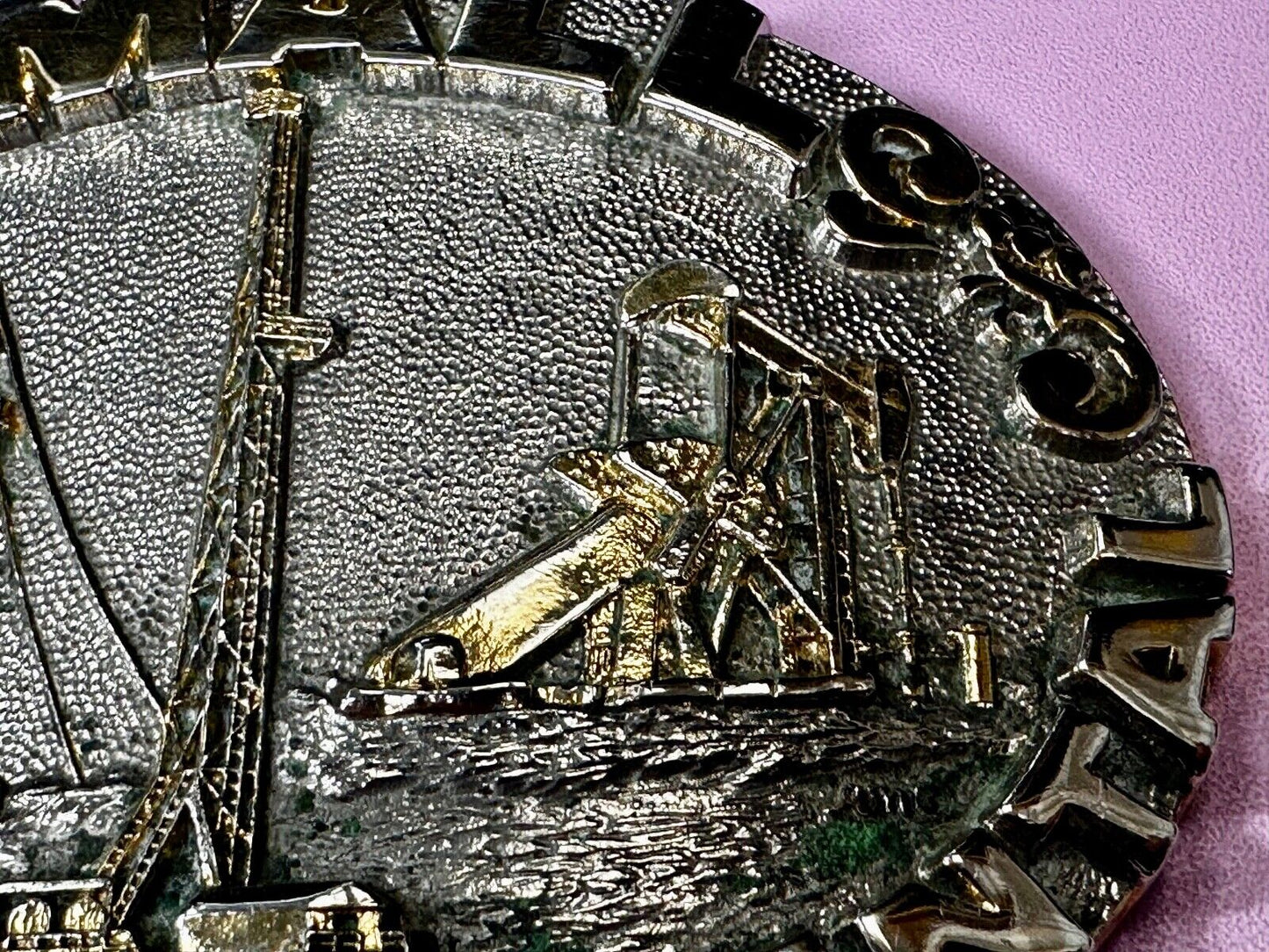 2 Small Fishing And Rental 24K Gold Plated Off Shore Oil Rig Belt Buckle By Adm