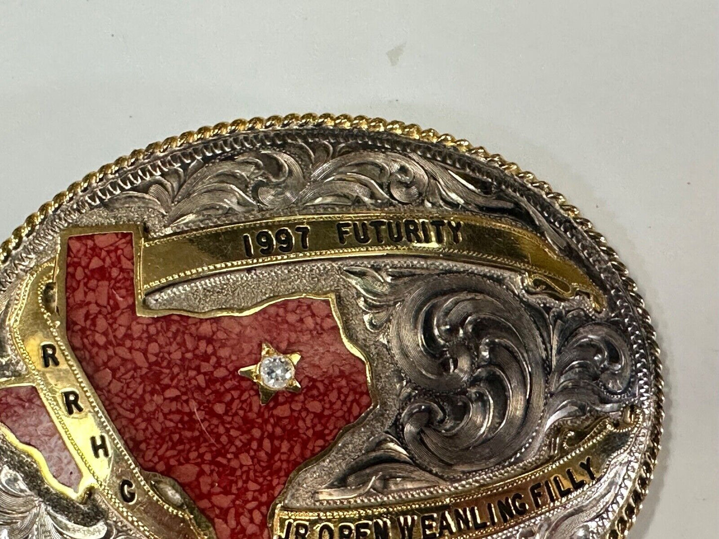 TEXAS Inlaid Coral Chip JR Open Weanling Filly 1997 Futurity Trophy belt buckle