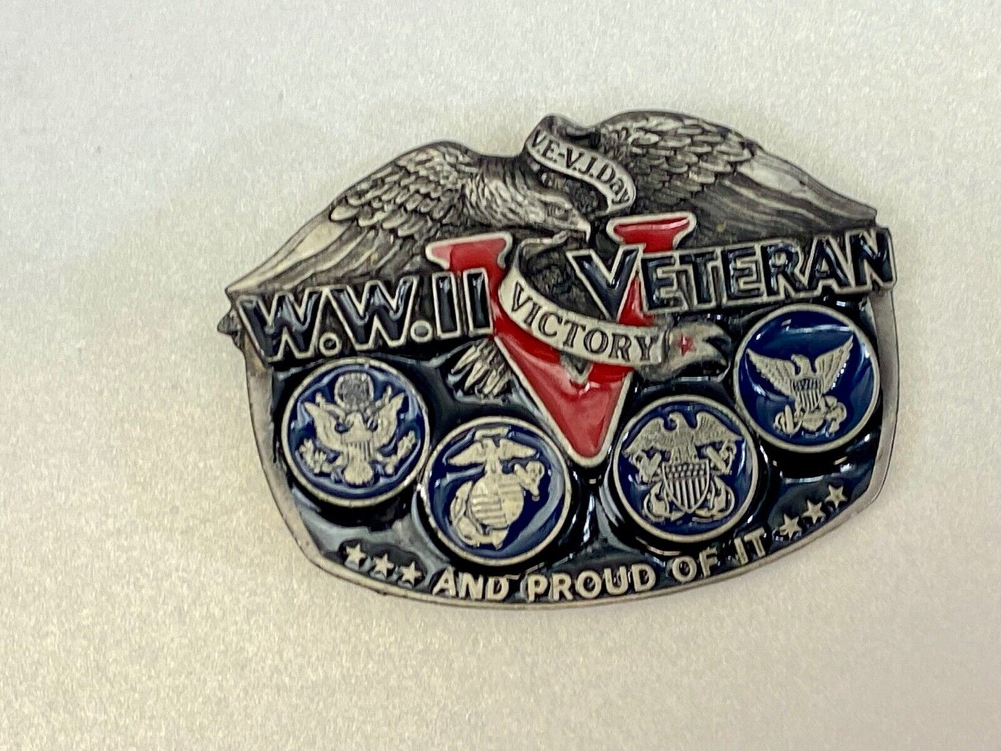 1980 Wold War II WW2 The American Veterans soldier belt buckle and proud of it!