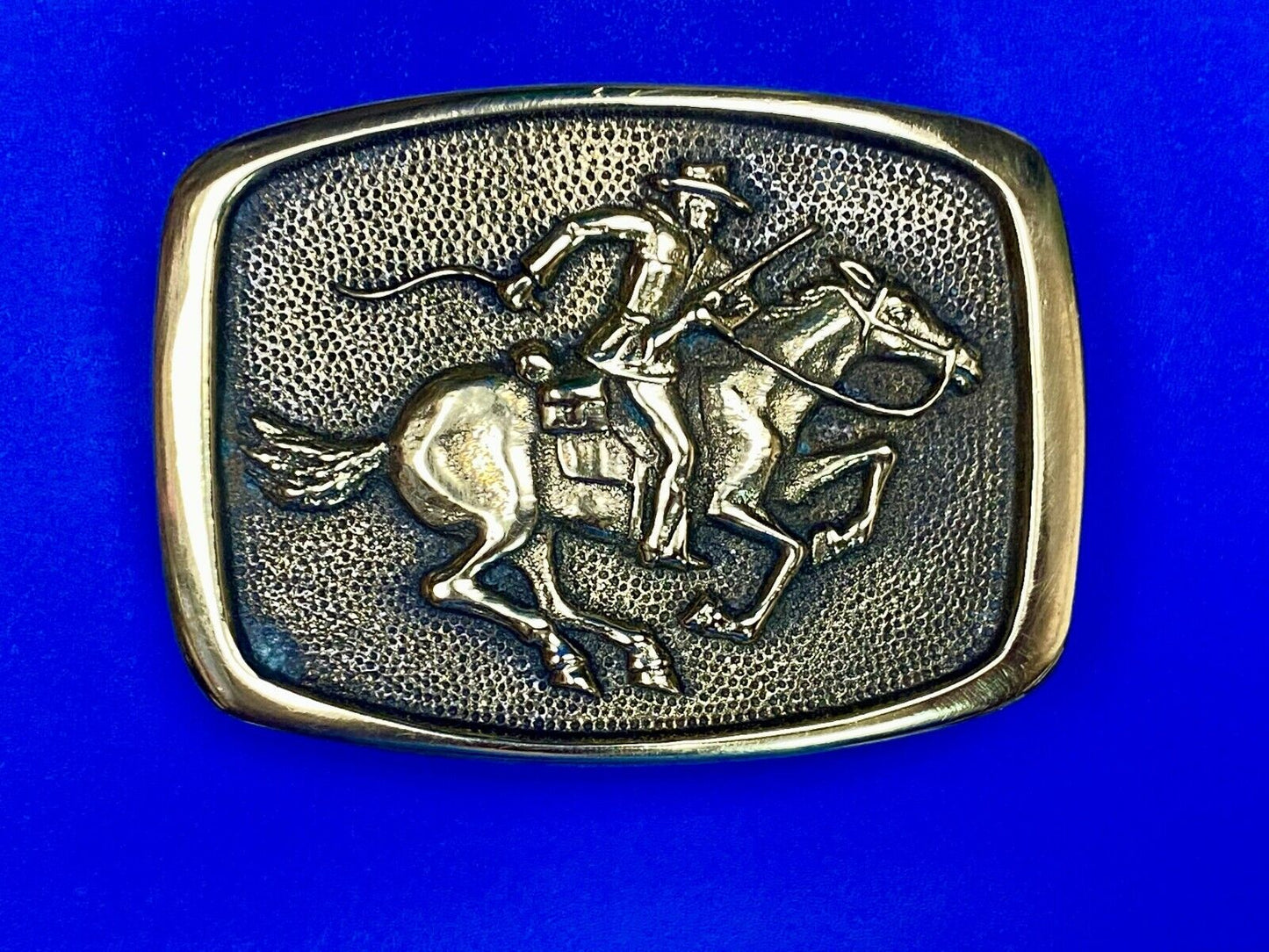 Vintage 1978 Horseback Rider Cowboy Bank Robber Solid Brass Belt Buckle By BTS