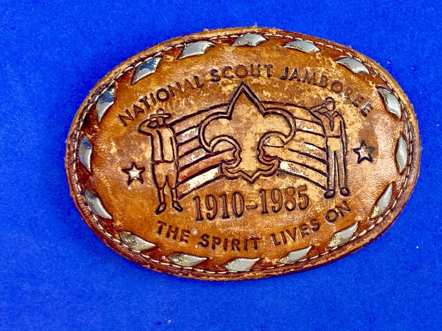 Vintage 1985 BSA National Scout Jamboree Boy Scouts leather belt buckle