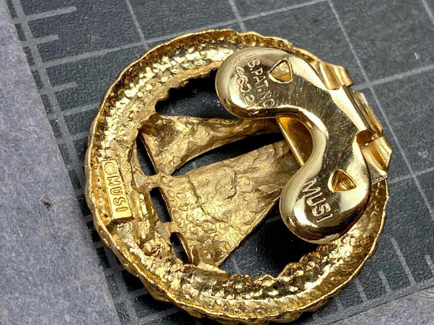 beautiful two piece Sailboat gold tone small vintage belt buckle signed Musi