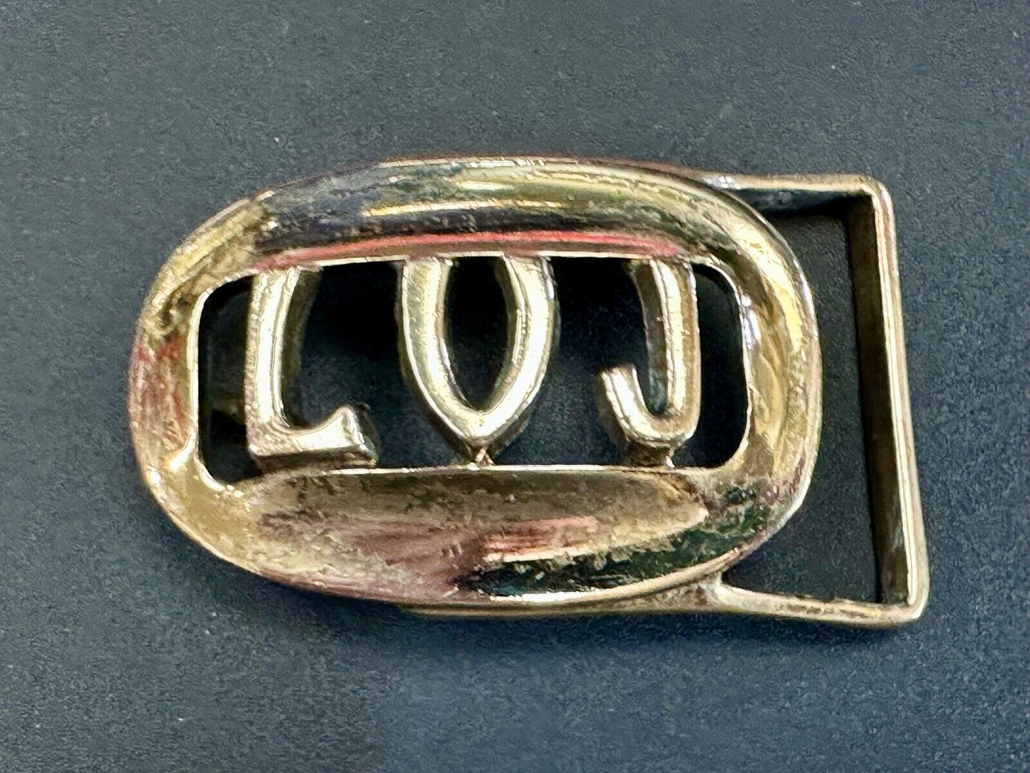 Vintage LVJ LUJ gold tone block letters cutout belt buckle