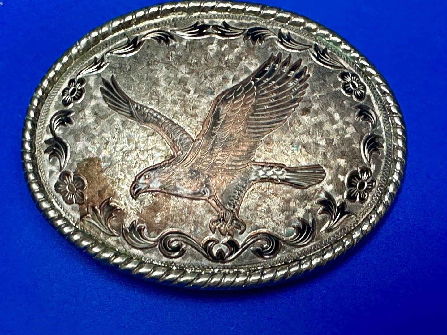 Vintage Etched Patriotic American Eagle Mixed Metal Belt Buckle "W" USA 80s