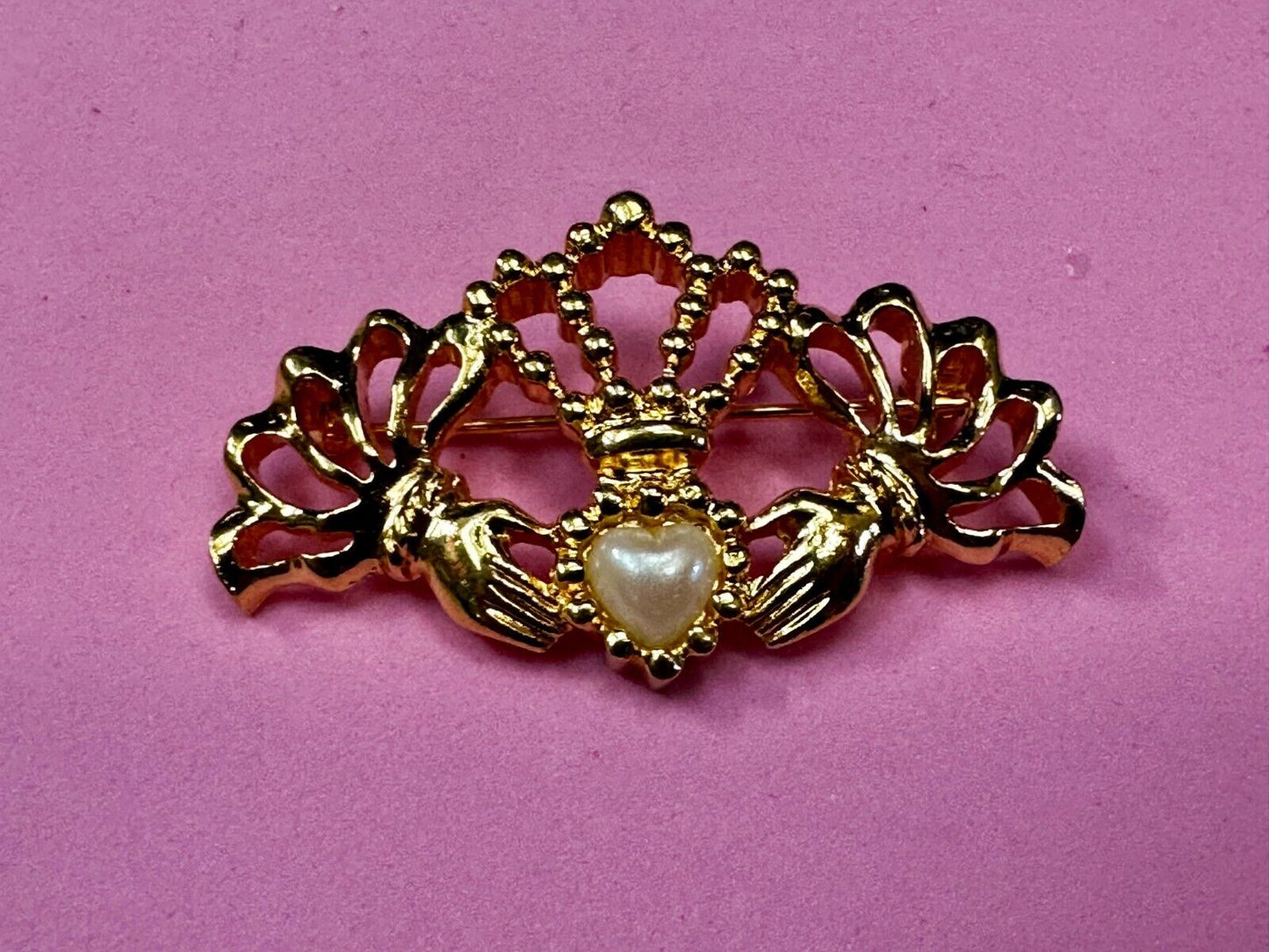 Vintage Avon Gold Tone Claddagh Faux Pearl Heart Hands Crown Pin Brooch