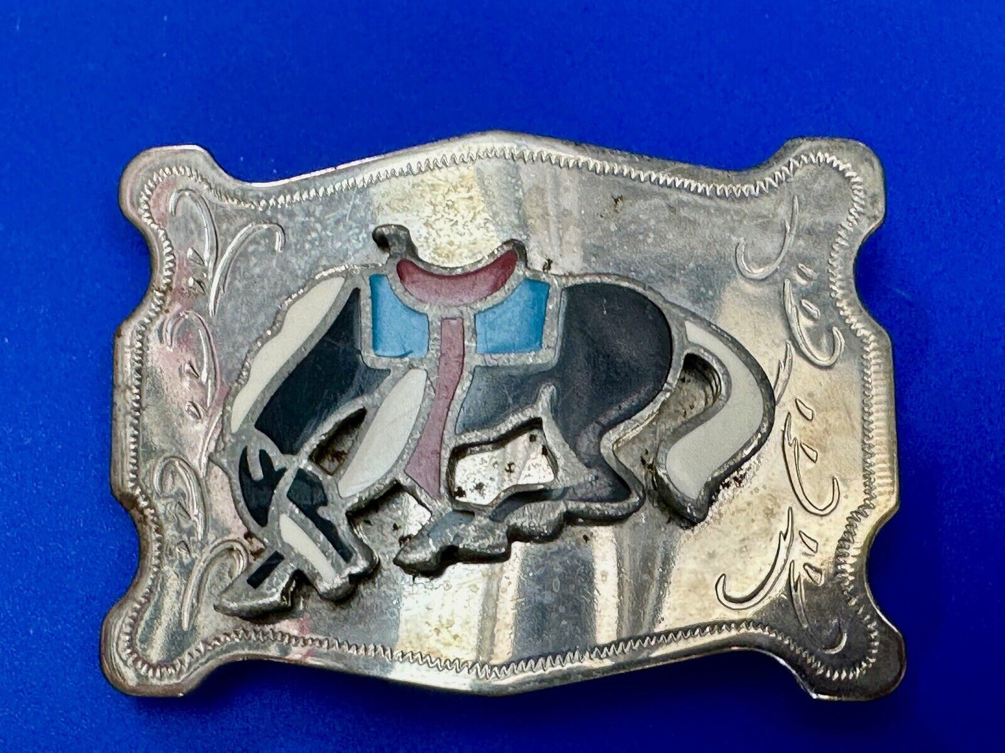 Vintage Cowboy's Horse Saddle Bronc western Inlaid enamel belt buckle