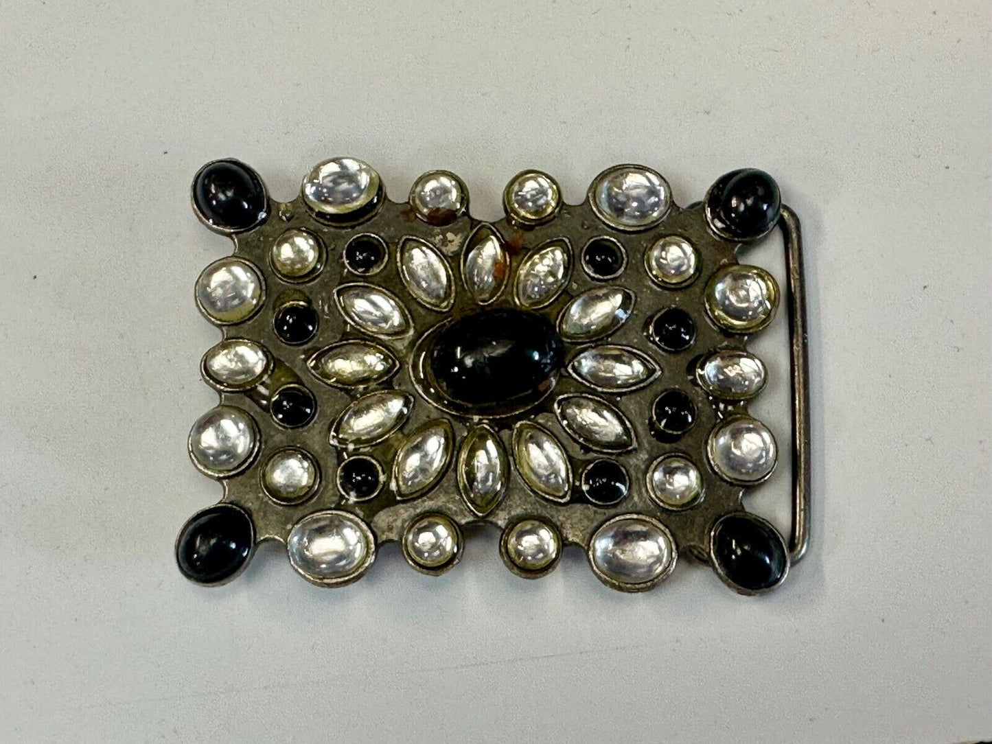 Vintage black and white rhinestone / silver tone belt buckle