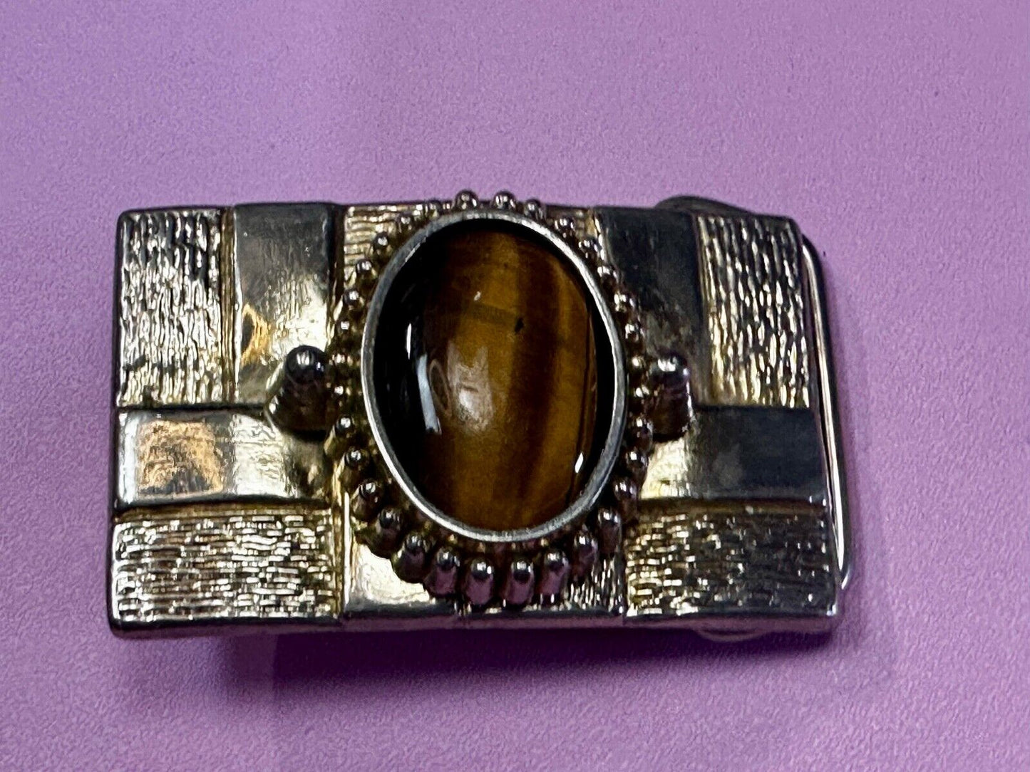 Tigers Eye Cabochon Stone Centerpiece on Western gold tone box theme Belt Buckle