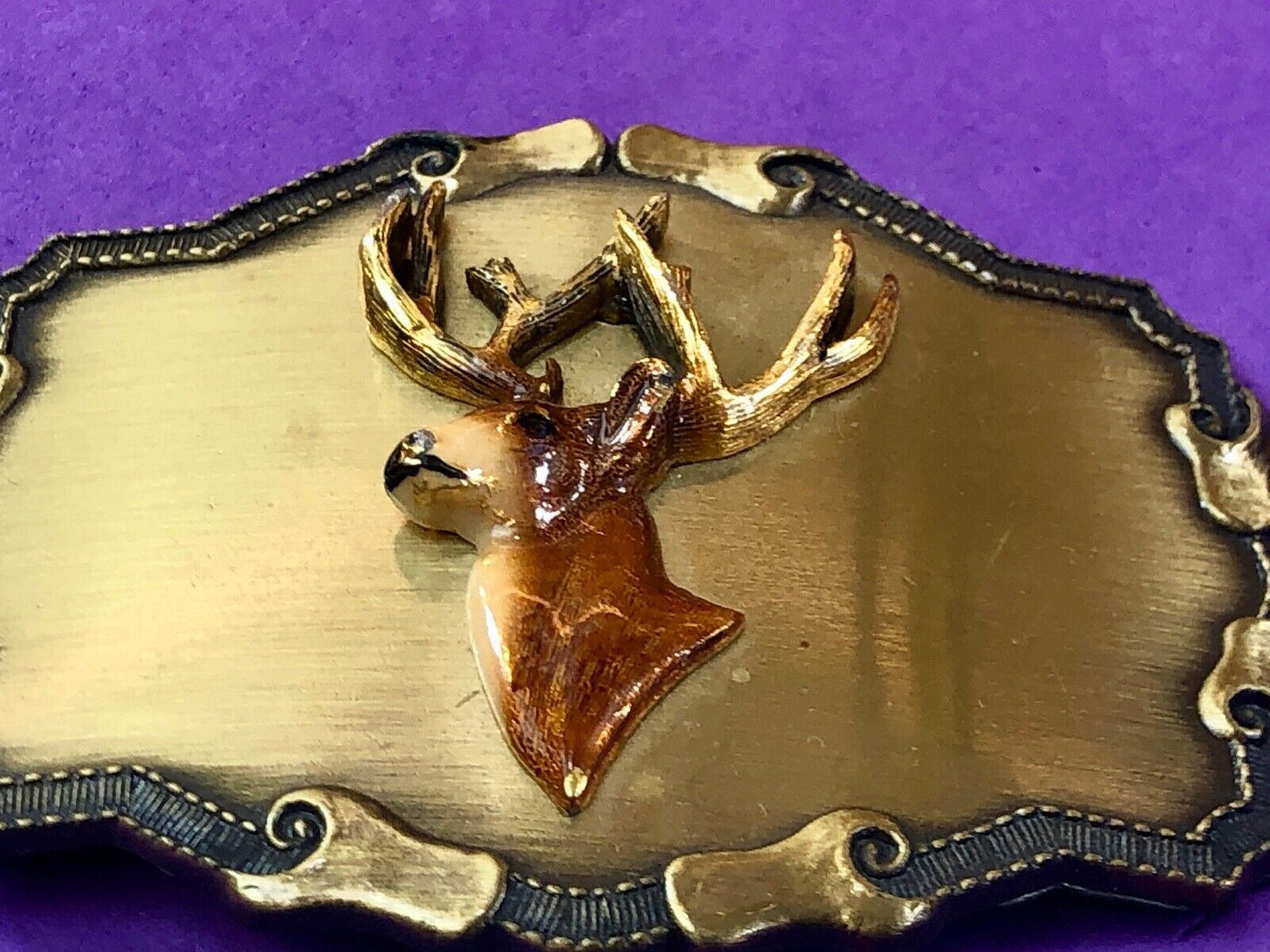Vintage 1977 Raintree deer antlers belt buckle Hunting gift Western framed