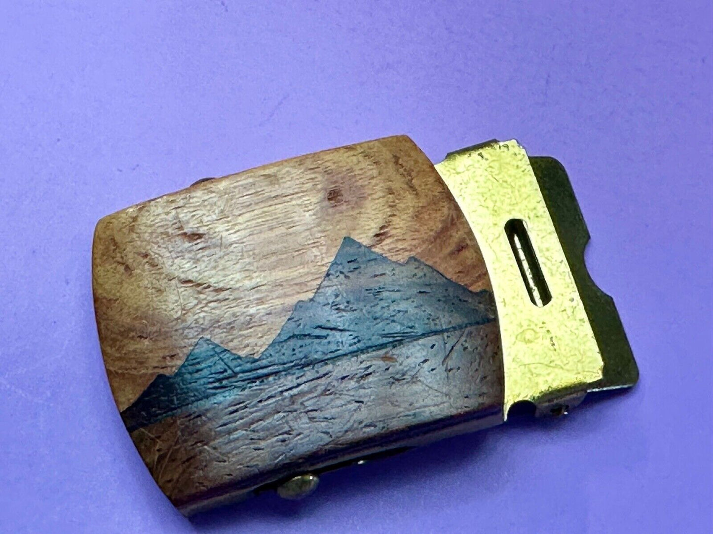 Artisan Mountain scene - Mixed Wood Top Solid Brass Ratchet Dress Belt Buckle