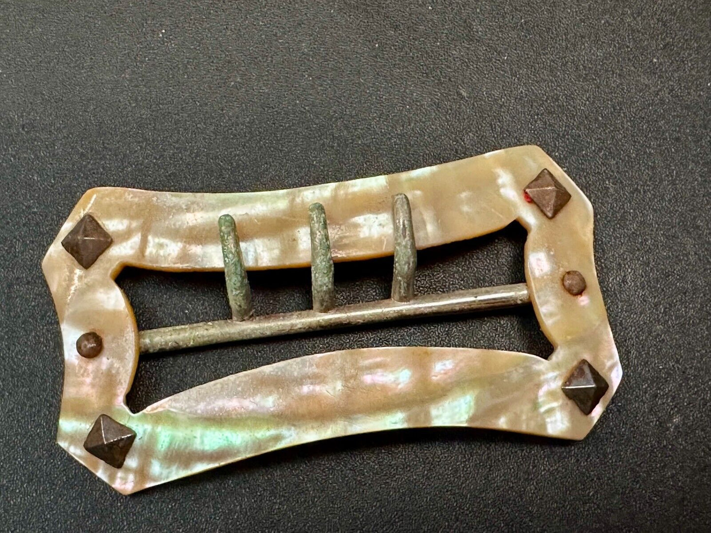 Three Prong Antique Vintage Mop Mother Of Pearl 3" Wide Belt Buckle