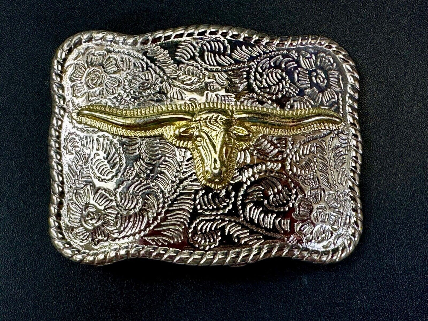 Texas Longhorn Rodeo Steer Bull Head Vintage Two Tone Small Cowgirls Belt Buckle