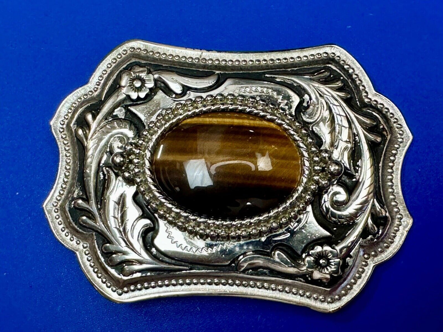 Tiger's Eye Vintage Horizontal Cabochon Cab Stone on Western Belt Buckle