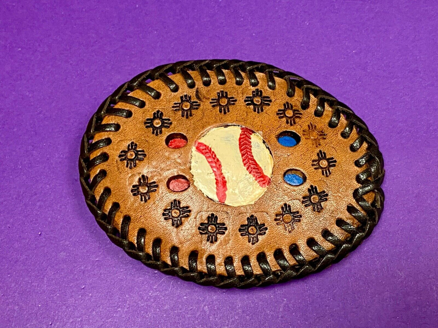 Vintage Baseball Brown Leather Hand Stitched Oval Belt Buckle - Ultimate Fan