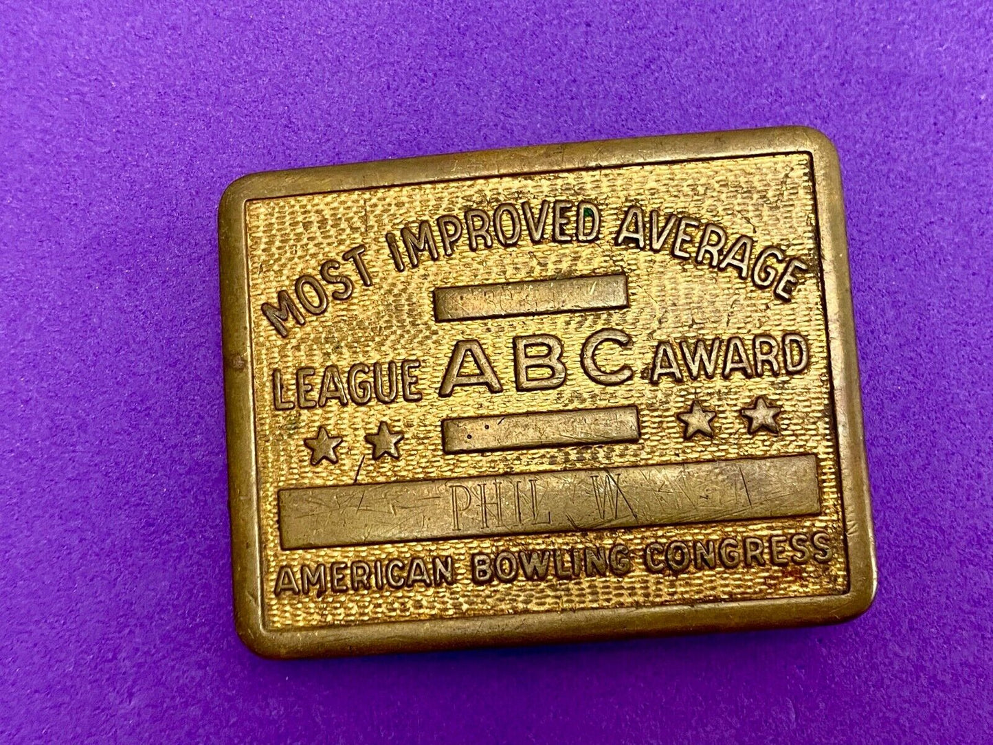 Vintage bowling ABC American Bowling Congress most improved award belt buckle