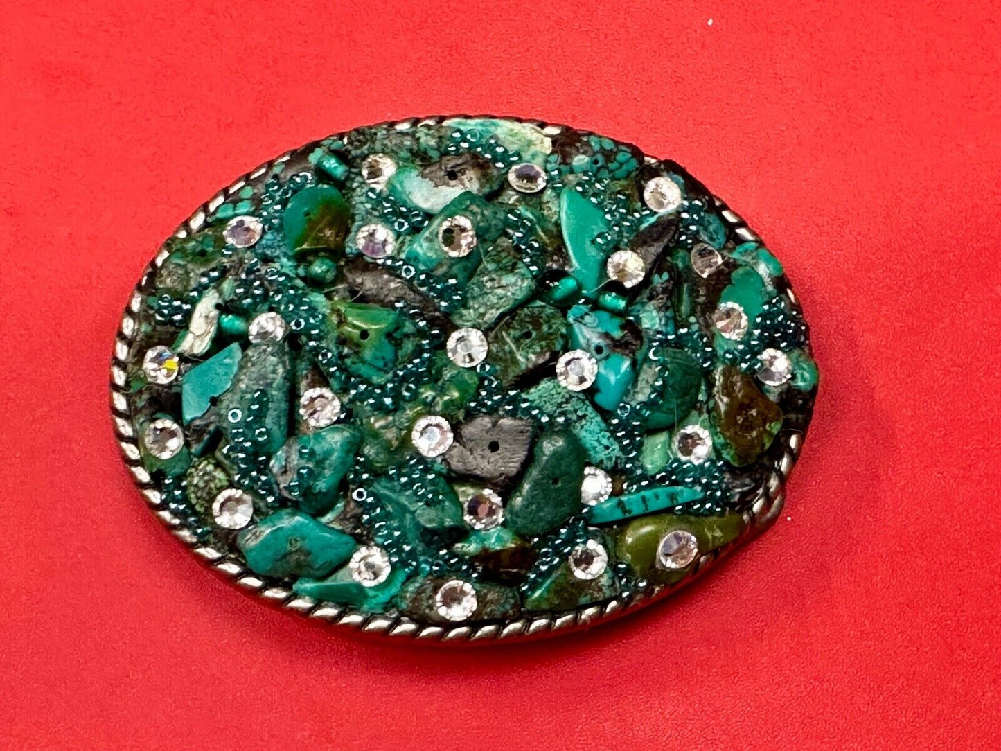 Artisan Chunky shades of Green and clear rhinestone mixed material belt buckle