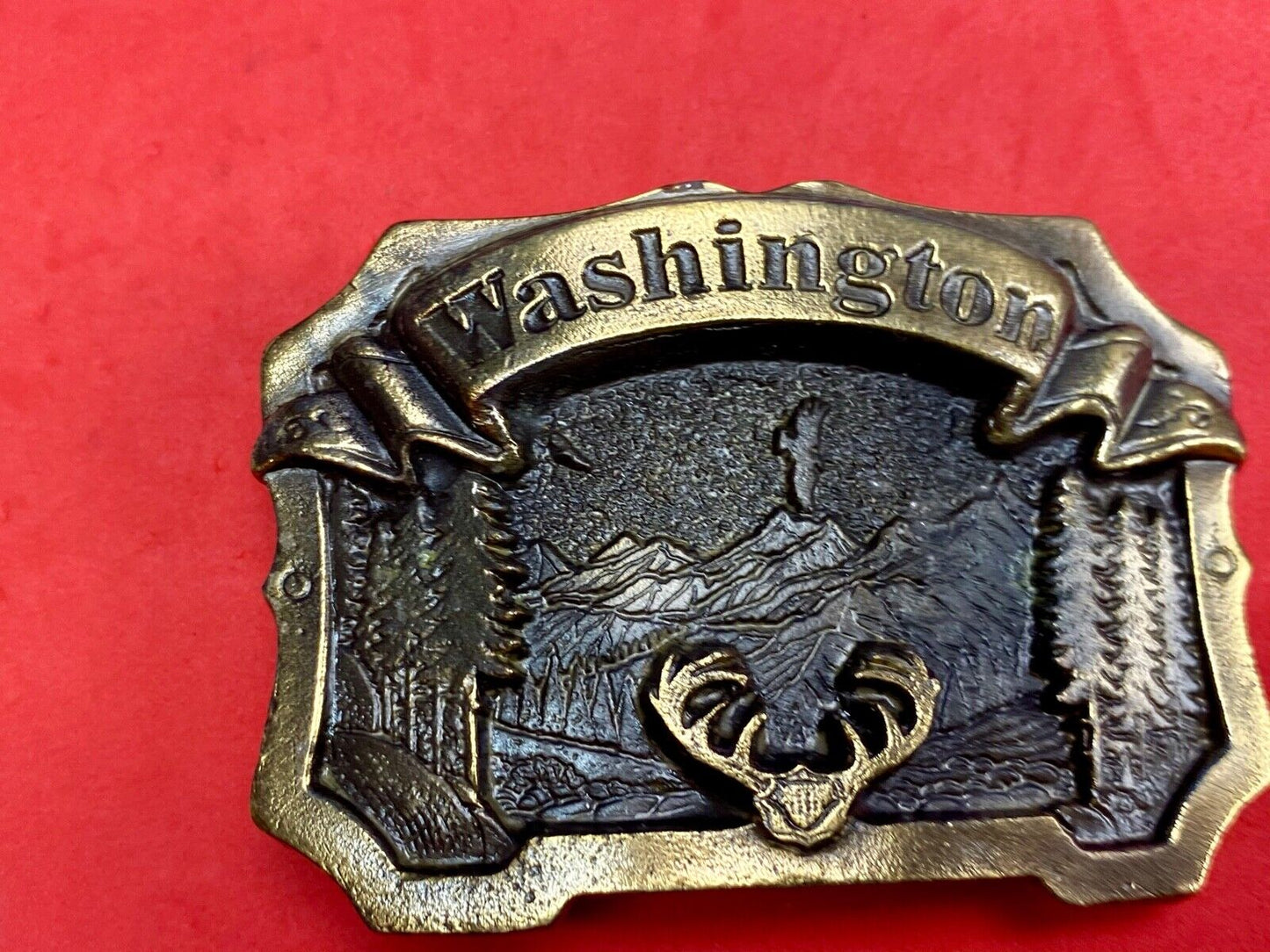 Vintage 1980 The State Of Washington, Deer In Pine Tree Forrest Belt Buckle