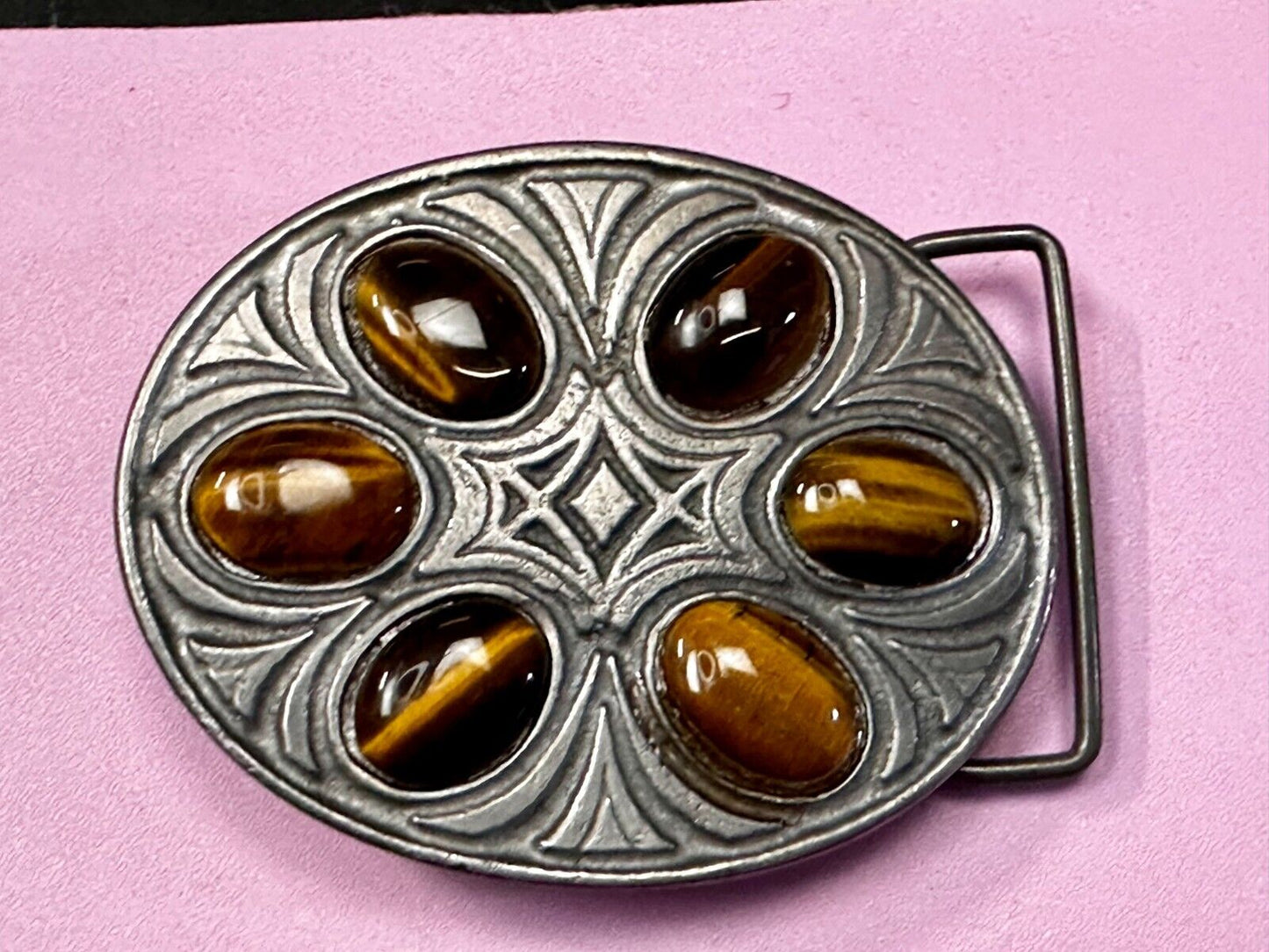 Tigers Eye Gemstones Cabs Native Indian Style? Vintage Pewter Oval Belt Buckle