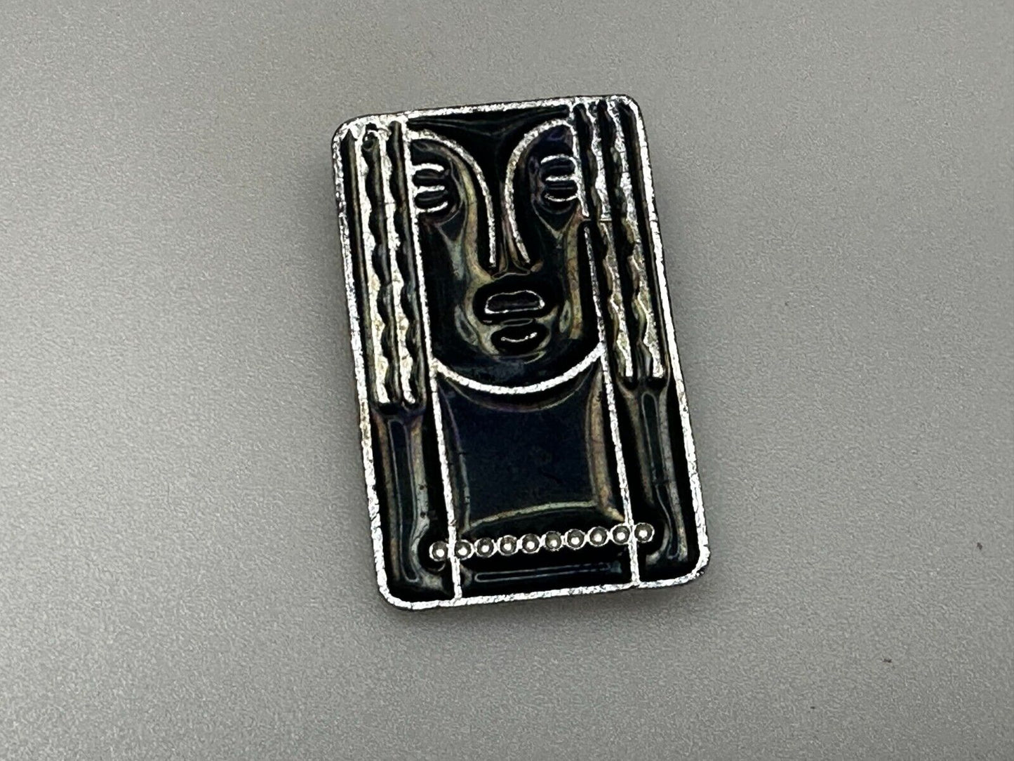 Art Deco Revival Brooch Pendant Pin Signed Ritz - Black Enamel Pewter Face