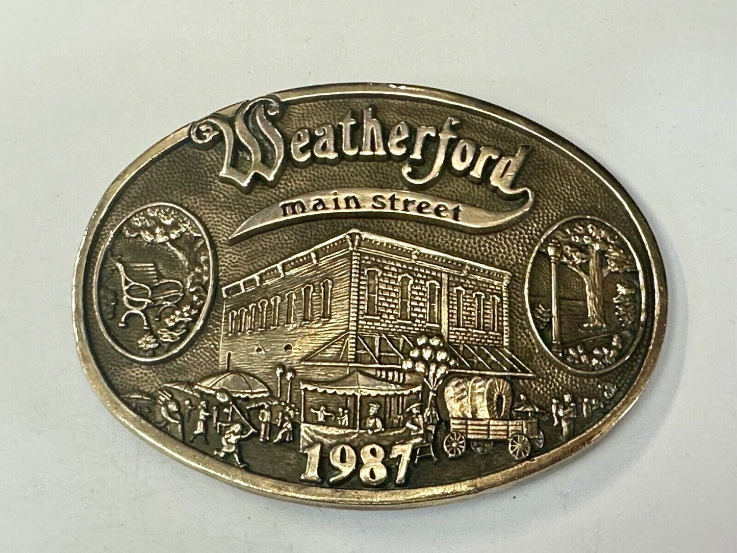 Texas Weatherford Main Street - vintage 1987 LIMITED ADM solid brass belt buckle
