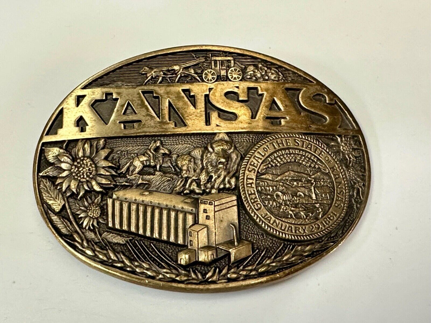 The Great State of Kansas Vintage Solid Brass ADM Belt Buckle