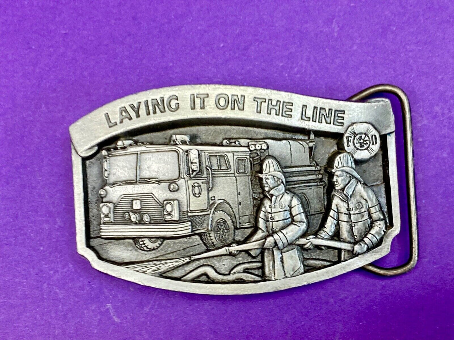 Vintage 1992, Laying it on the line fire department pewter belt buckle