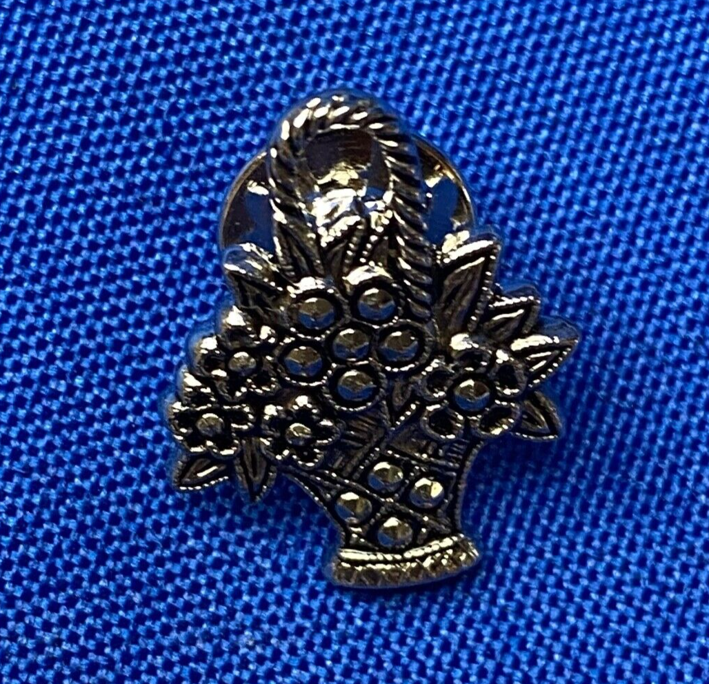 Vintage Avon Basket Of Flowers Silver Tone Enamel Lapel Pin Costume Jewelry