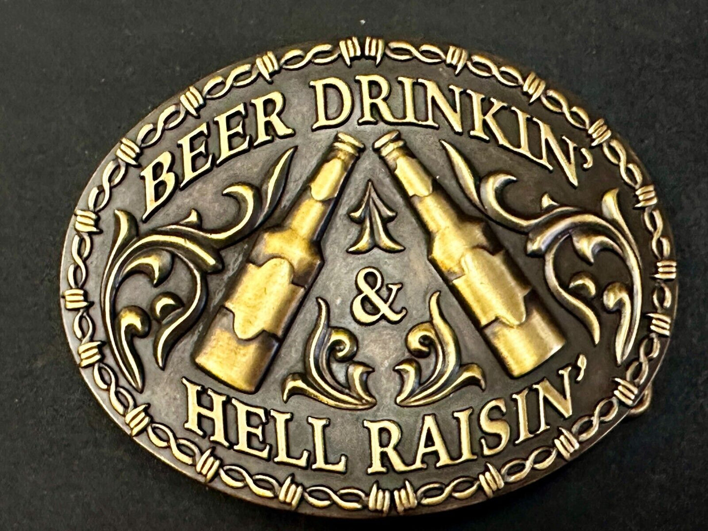 Beer Drinkin Hell Raisin Funny Novelty Barbed Wire Border Western Belt Buckle