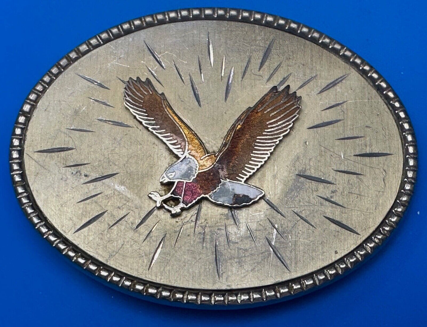 Vintage EAGLE flying High western etched Burst Pattern belt buckle Marked Taiwan