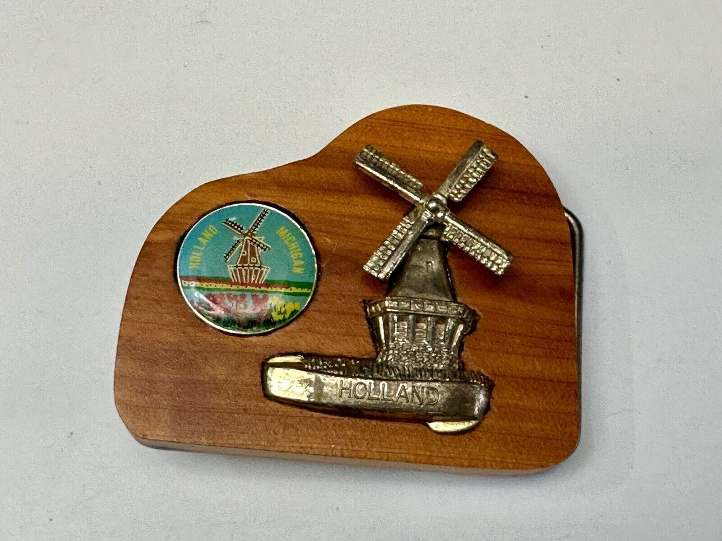 Vintage Artisan Inlaid Holland Michigan Pin and windmill Into wooden Belt Buckle